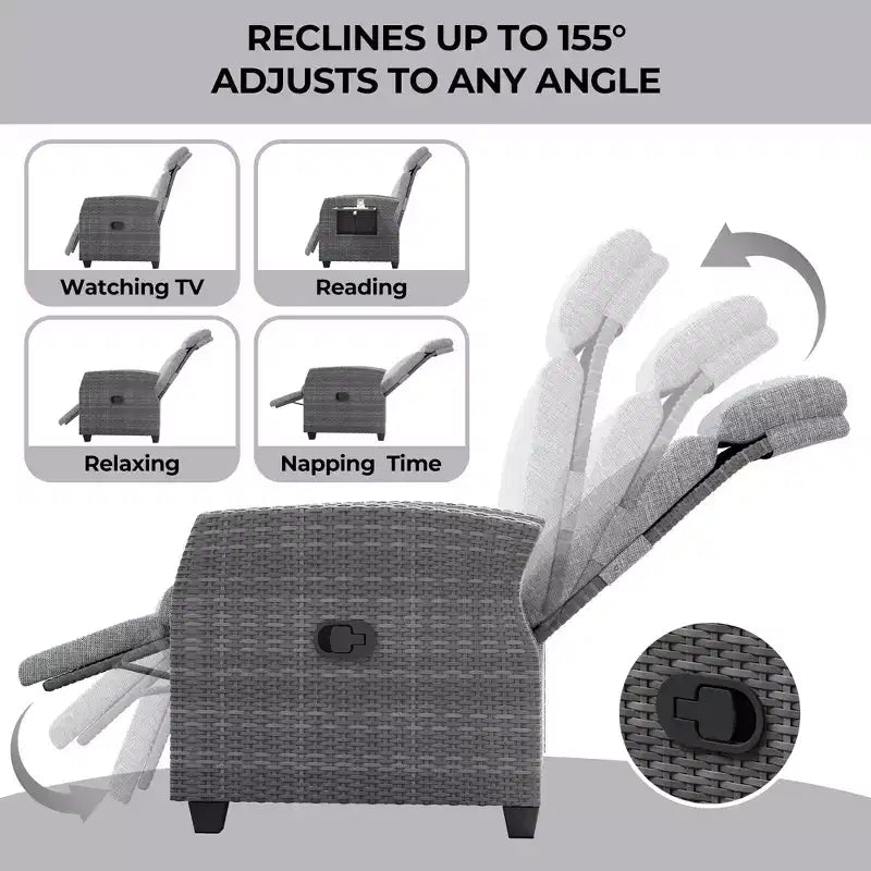 Fauteuil inclinable en osier intérieur/extérieur avec table rabattable, pompe à air, 155° à plat, chaise longue inclinable en osier réglable avec dossier et repose-pieds