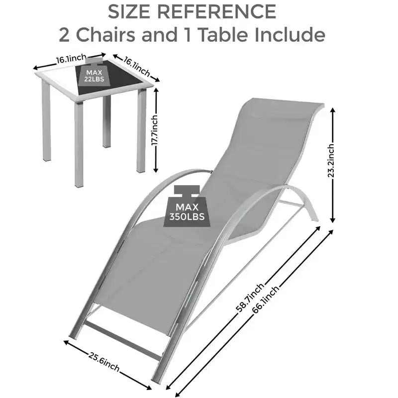 Ensemble de 3 chaises longues d'extérieur en aluminium, avec table, pour piscine, jardin et plage - Fauteuils inclinables