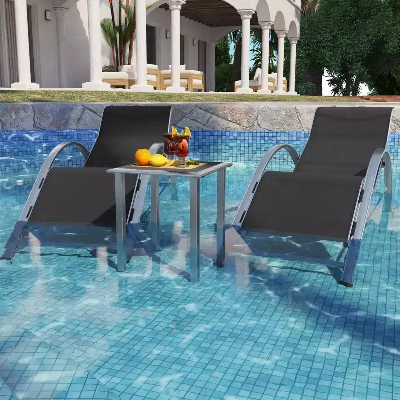 Ensemble de 3 chaises longues d'extérieur en aluminium, avec table, pour piscine, jardin et plage - Fauteuils inclinables