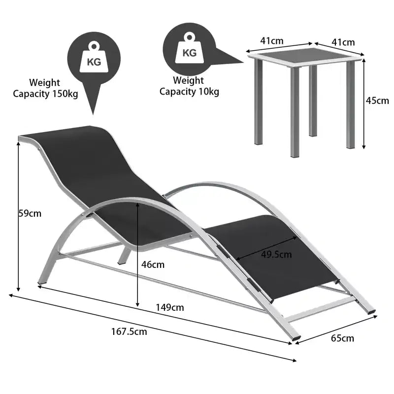 Ensemble de 3 chaises longues d'extérieur en aluminium, avec table, pour piscine, jardin et plage - Fauteuils inclinables