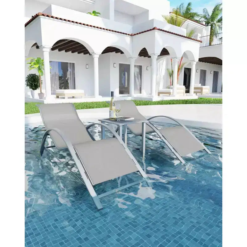 Ensemble de 3 chaises longues d'extérieur en aluminium, avec table, pour piscine, jardin et plage - Fauteuils inclinables