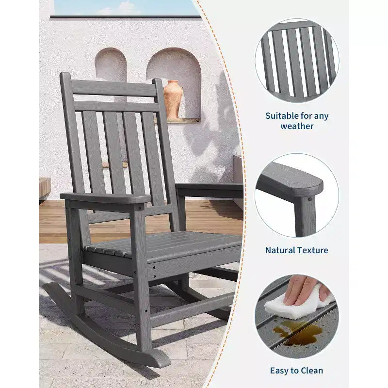 Fauteuil à bascule d'extérieur TROPOW, chaise à bascule en plastique HDPE résistant aux intempéries avec larges accoudoirs, fauteuil classique pour brasero pour porche, terrasse, pelouse, jardin