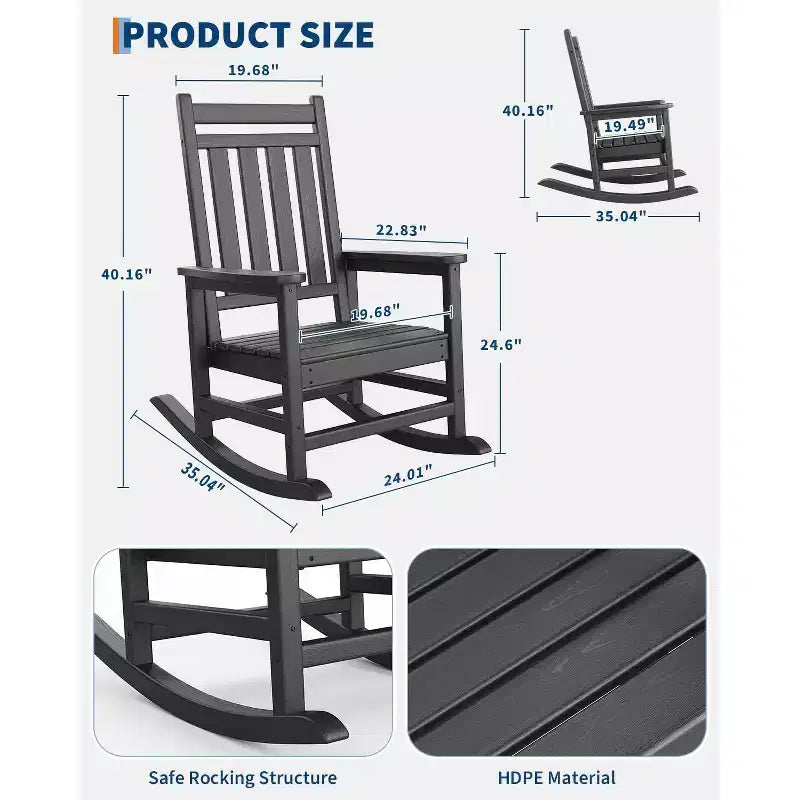 Fauteuil à bascule d'extérieur TROPOW, chaise à bascule en plastique HDPE résistant aux intempéries avec larges accoudoirs, fauteuil classique pour brasero pour porche, terrasse, pelouse, jardin