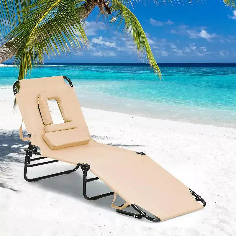Chaise de plage pliante 5 positions Summit Adventure - Oreiller rembourré et capacité de 150 kg, aucun assemblage requis (beige)