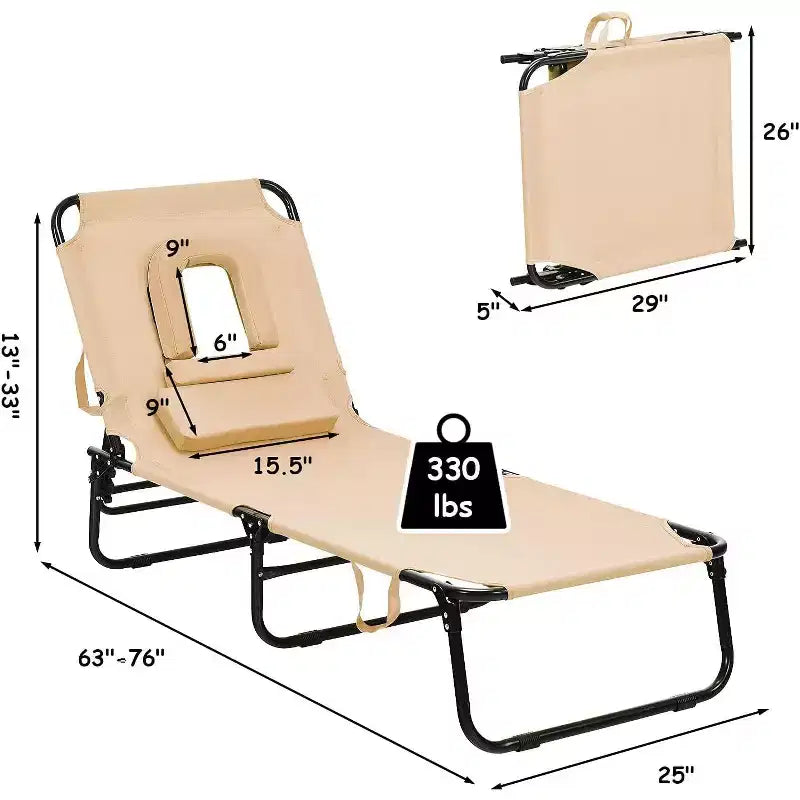 Chaise de plage pliante 5 positions Summit Adventure - Oreiller rembourré et capacité de 150 kg, aucun assemblage requis (beige)