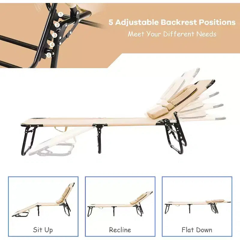 Chaise de plage pliante 5 positions Summit Adventure - Oreiller rembourré et capacité de 150 kg, aucun assemblage requis (beige)