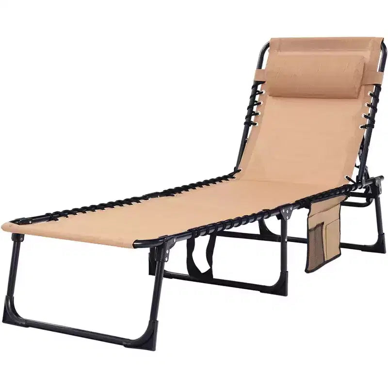 Summit Adventure 400lb Heavy-Duty Folding Chaise Lounge - Adjustable Recliner with Pillow for Patio, Pool & Camping (Beige)