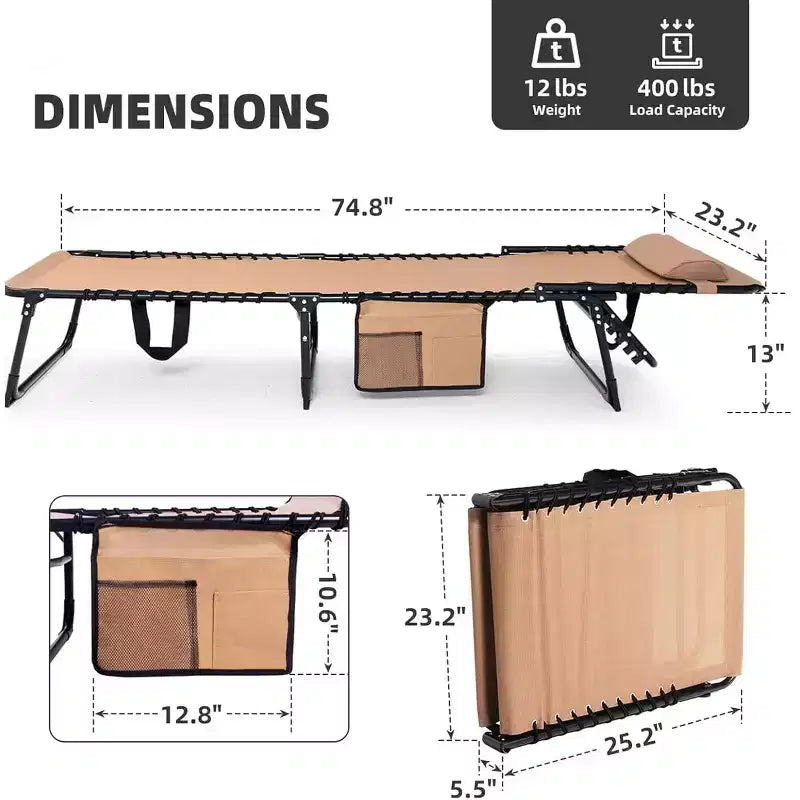 Chaise longue pliante robuste Summit Adventure 400 lb – inclinable réglable avec oreiller pour patio, piscine et camping (beige)
