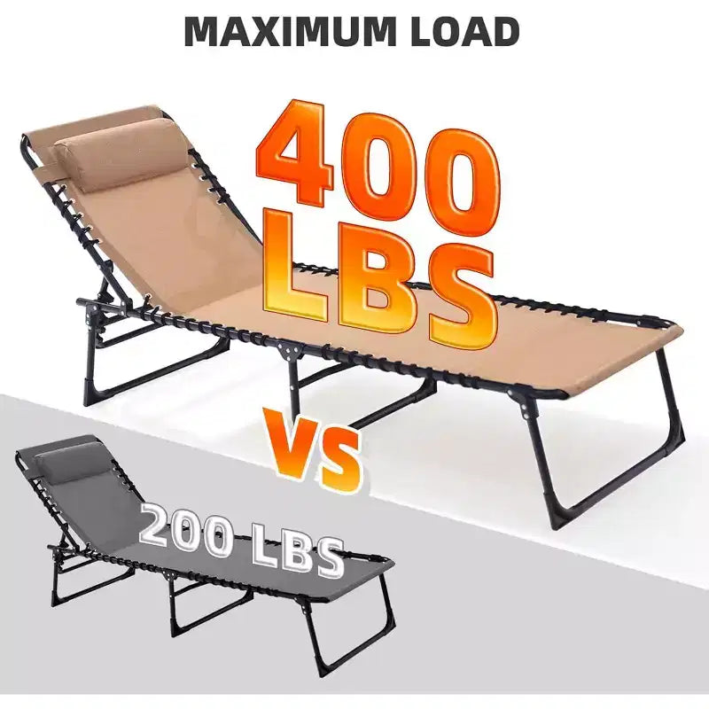 Chaise longue pliante robuste Summit Adventure 400 lb – inclinable réglable avec oreiller pour patio, piscine et camping (beige)