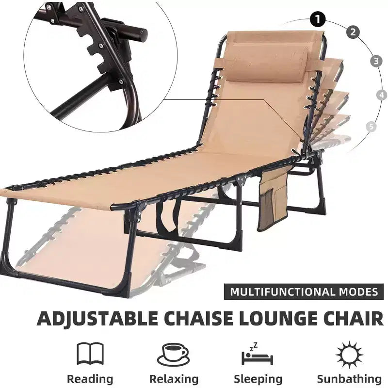 Chaise longue pliante robuste Summit Adventure 400 lb – inclinable réglable avec oreiller pour patio, piscine et camping (beige)