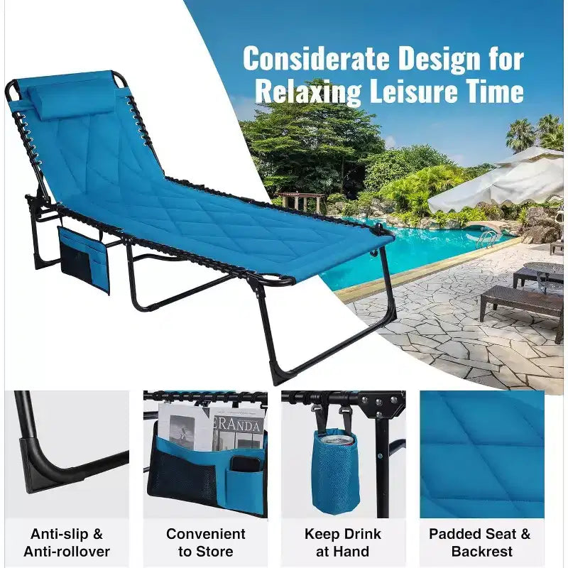 Chaise longue pliable surdimensionnée Summit Adventure avec coussin, lit de camping inclinable pour utilisation intérieure et extérieure, patio, jardin, plage