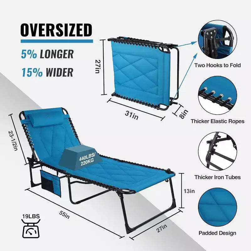Chaise longue pliable surdimensionnée Summit Adventure avec coussin, lit de camping inclinable pour utilisation intérieure et extérieure, patio, jardin, plage