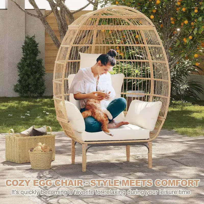 Chaise en osier GutoWave, fauteuil surdimensionné pour l'intérieur et l'extérieur, pour patio, jardin, salon, avec 5 coussins, cadre en acier