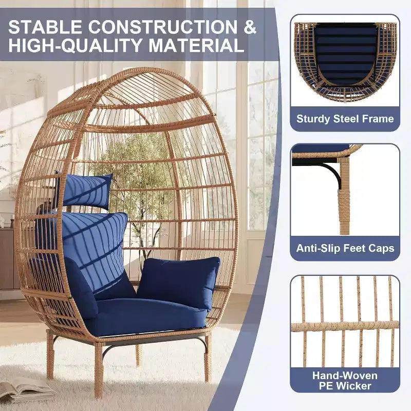 Chaise en osier GutoWave, fauteuil surdimensionné pour l'intérieur et l'extérieur, pour patio, jardin, salon, avec 5 coussins, cadre en acier