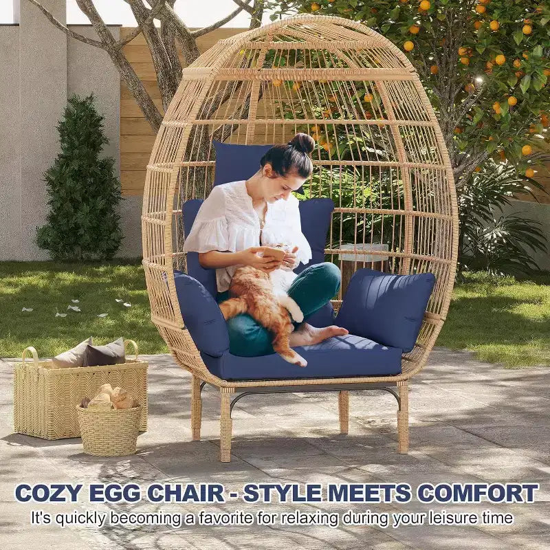Chaise en osier GutoWave, fauteuil surdimensionné pour l'intérieur et l'extérieur, pour patio, jardin, salon, avec 5 coussins, cadre en acier