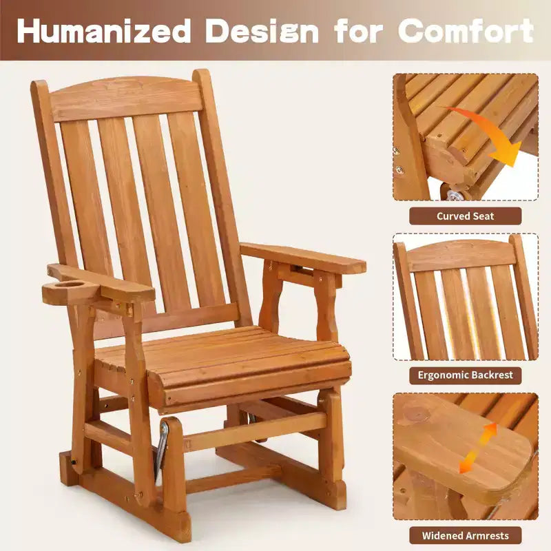 Karl Home | Fauteuil à bascule pour terrasse en bois massif de 32 po avec porte-gobelet