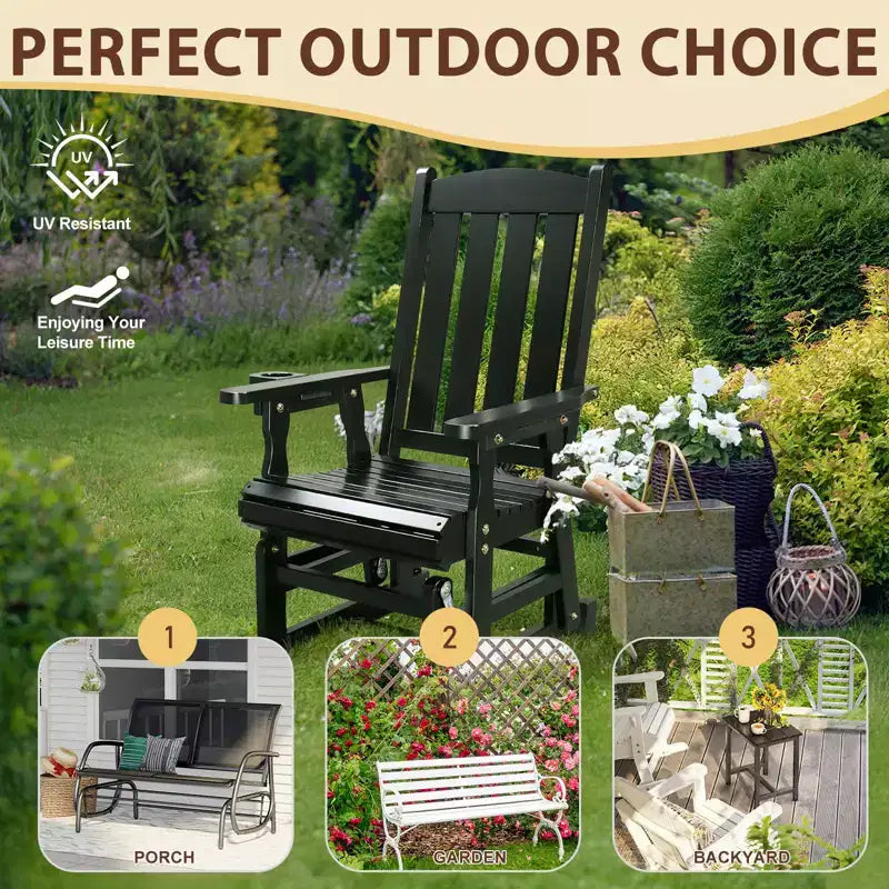 Karl Home | Fauteuil à bascule pour terrasse en bois massif de 32 po avec porte-gobelet
