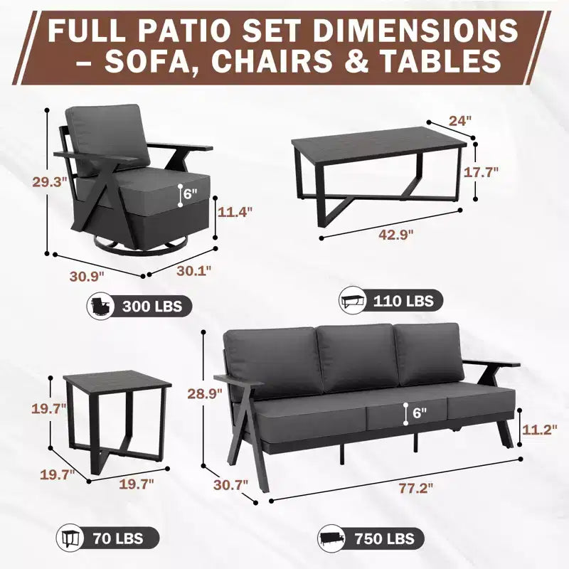 EAGLE PEAK Ensemble de mobilier de jardin moderne Urban Slate 5 pièces, canapé, fauteuils pivotants, table basse et table d'appoint