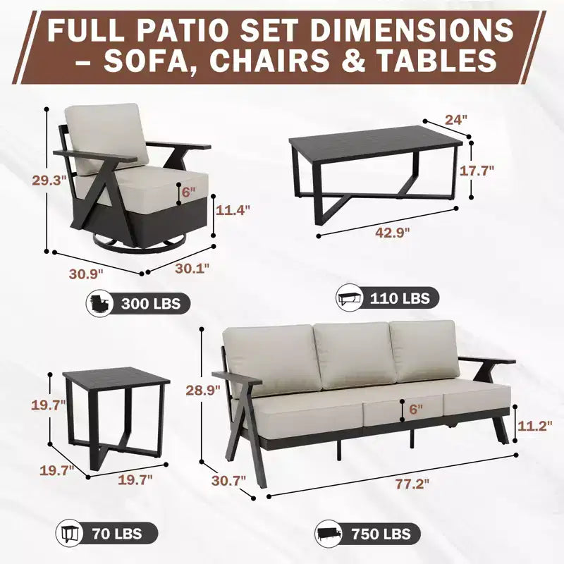 EAGLE PEAK Ensemble de mobilier de jardin moderne Urban Slate 5 pièces, canapé, fauteuils pivotants, table basse et table d'appoint