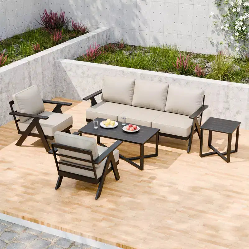 EAGLE PEAK Urban Slate 5 Piece Modern Outdoor Patio Furniture Set, Couch, Swivel Chairs, Coffee Table, and Side Table