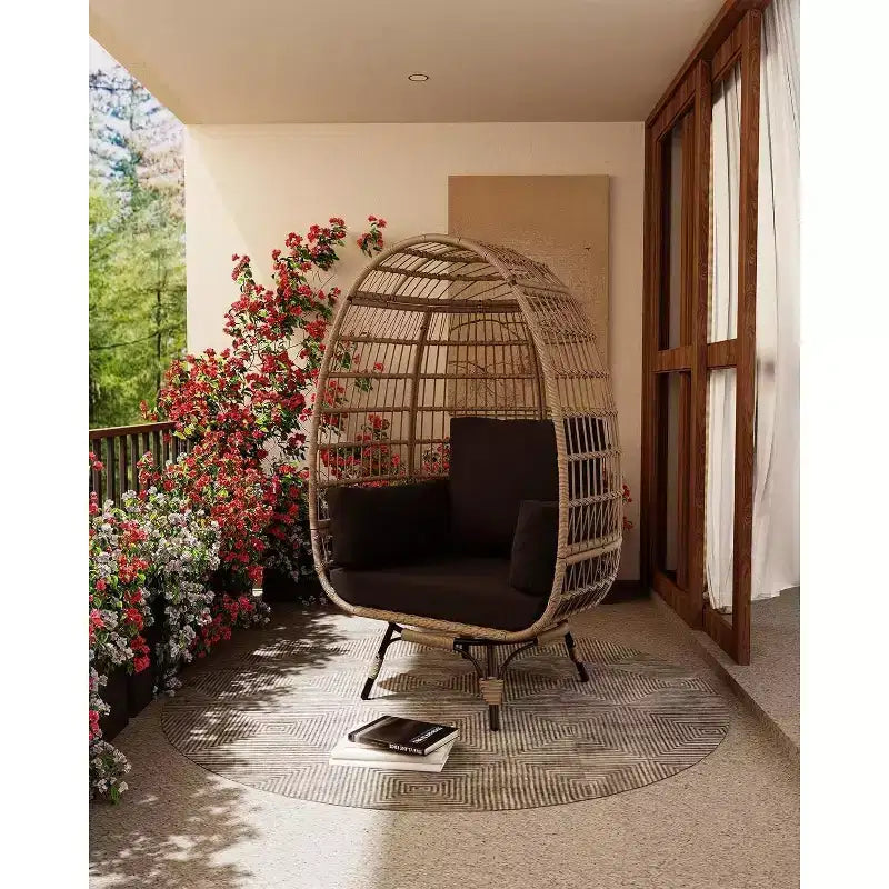 Fauteuil œuf pivotant Acekool 360° avec coussin – Chaise longue en rotin PE pour l'intérieur/l'extérieur