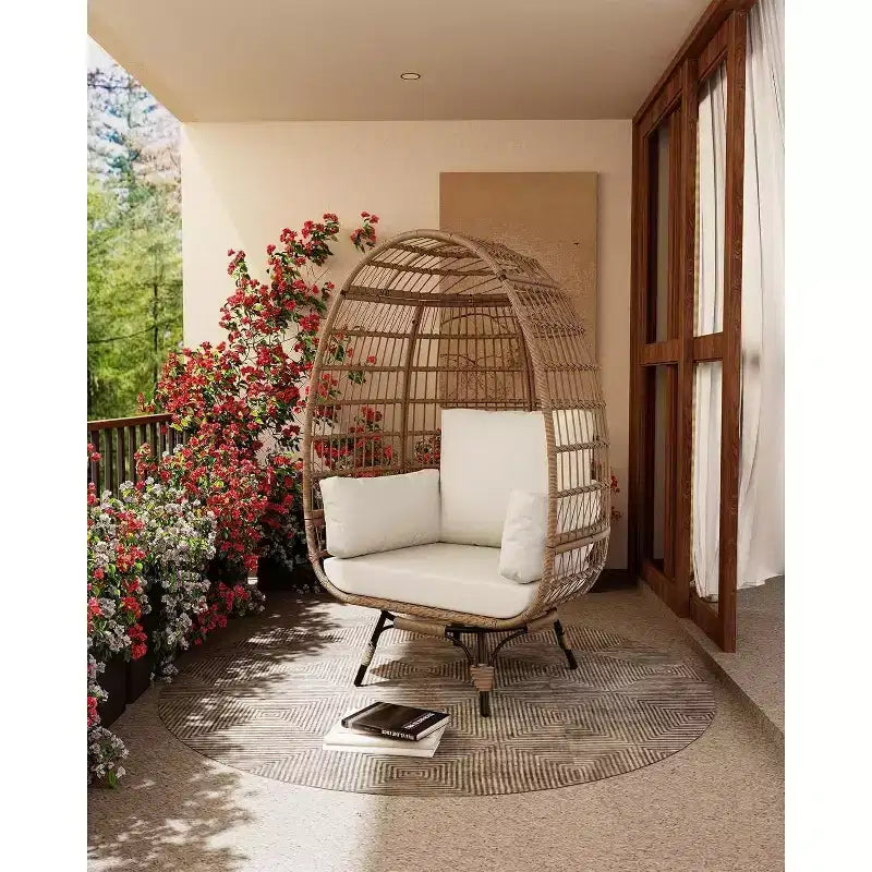Fauteuil œuf pivotant Acekool 360° avec coussin – Chaise longue en rotin PE pour l'intérieur/l'extérieur