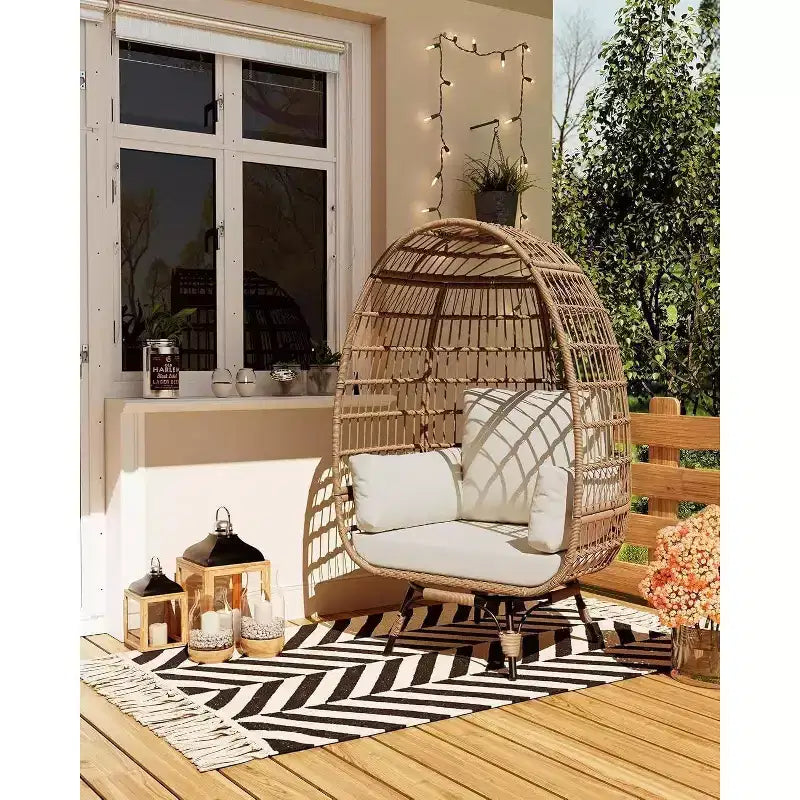 Fauteuil œuf pivotant Acekool 360° avec coussin – Chaise longue en rotin PE pour l'intérieur/l'extérieur