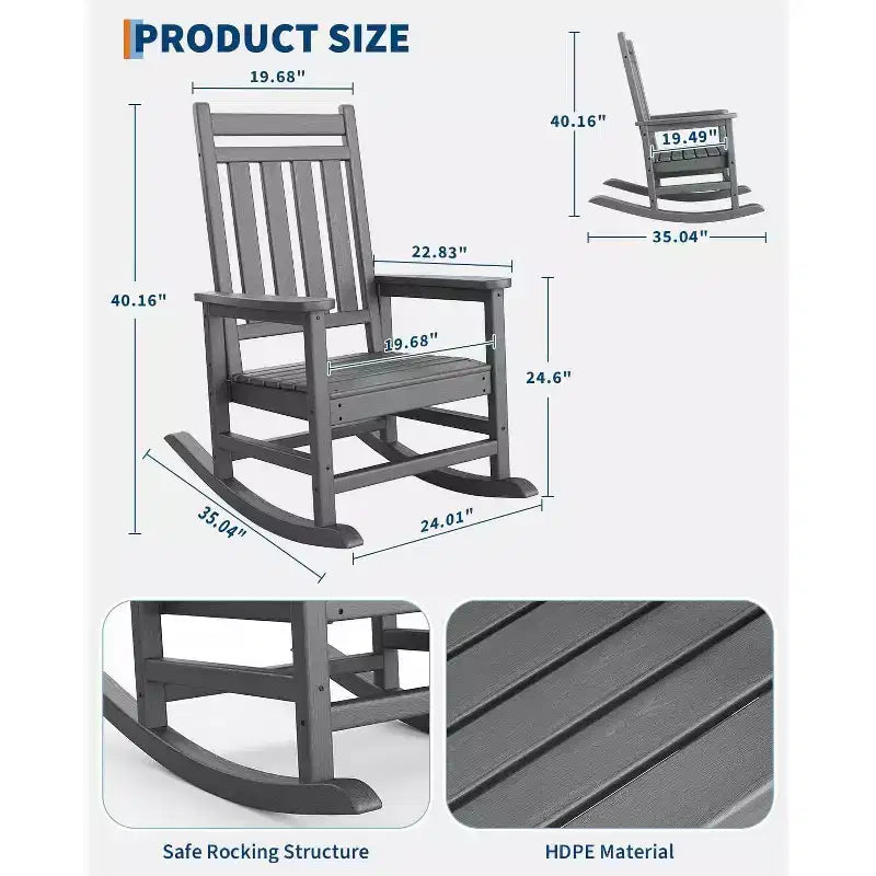 Grand fauteuil à bascule surdimensionné pour adultes, fauteuil à bascule de véranda en PEHD résistant aux intempéries, fauteuil à bascule d'extérieur robuste de 180 kg pour patio, jardin, véranda