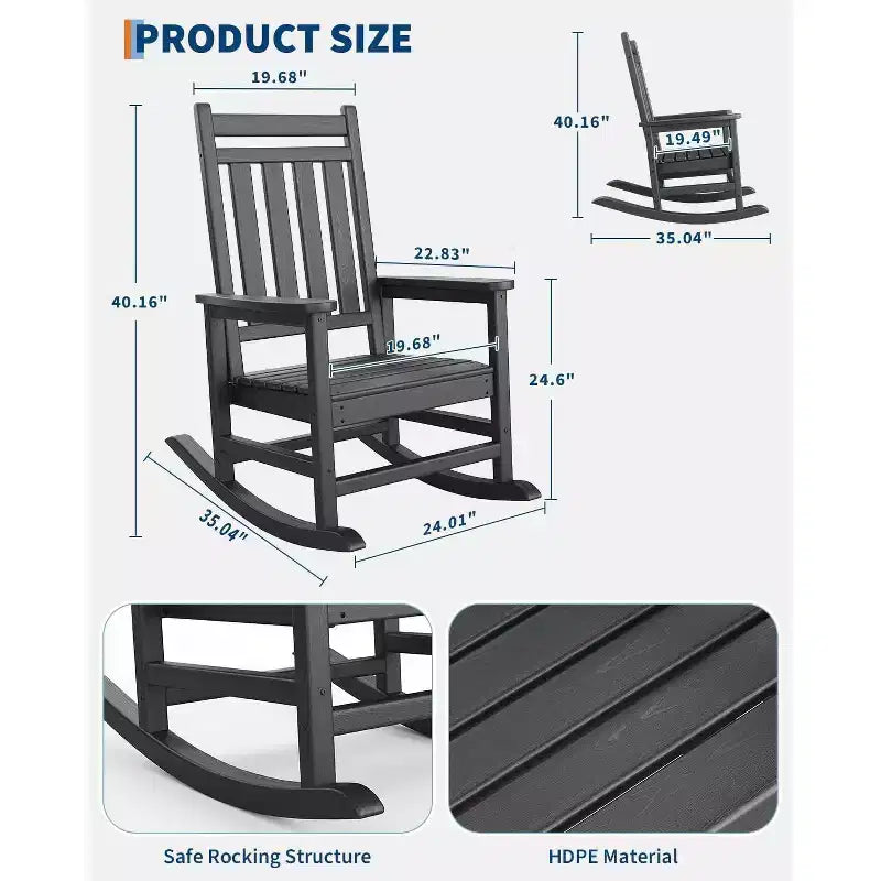 Grand fauteuil à bascule surdimensionné pour adultes, fauteuil à bascule de véranda en PEHD résistant aux intempéries, fauteuil à bascule d'extérieur robuste de 180 kg pour patio, jardin, véranda