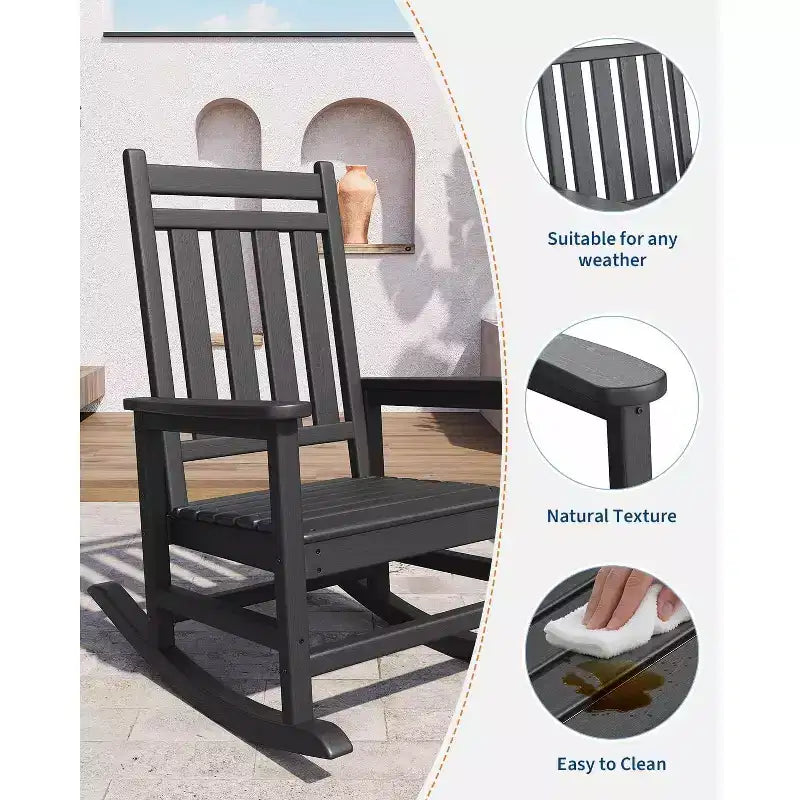 Grand fauteuil à bascule surdimensionné pour adultes, fauteuil à bascule de véranda en PEHD résistant aux intempéries, fauteuil à bascule d'extérieur robuste de 180 kg pour patio, jardin, véranda