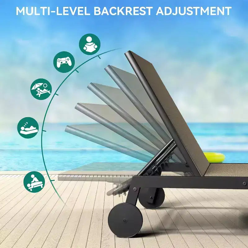 2 chaises longues de patio avec table d'appoint, ensemble de chaises longues d'extérieur avec dossier inclinable sur 5 positions et roues, mobilier de piscine