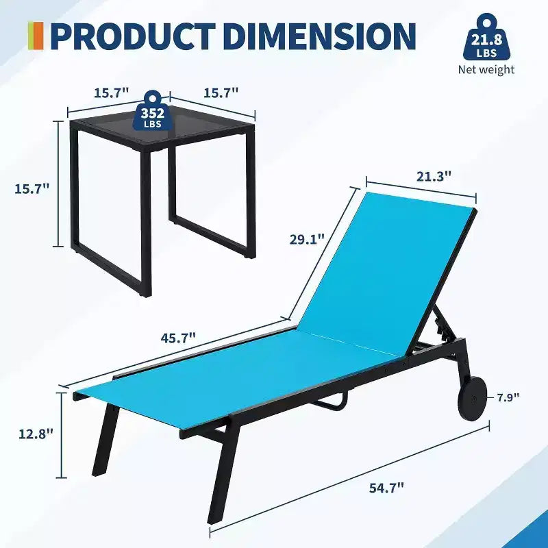 2 chaises longues de patio avec table d'appoint, ensemble de chaises longues d'extérieur avec dossier inclinable sur 5 positions et roues, mobilier de piscine