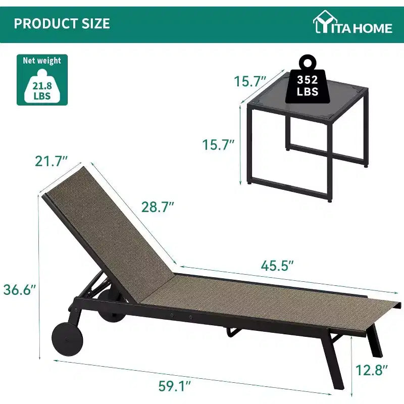 2 chaises longues de patio avec table d'appoint, ensemble de chaises longues d'extérieur avec dossier inclinable sur 5 positions et roues, mobilier de piscine
