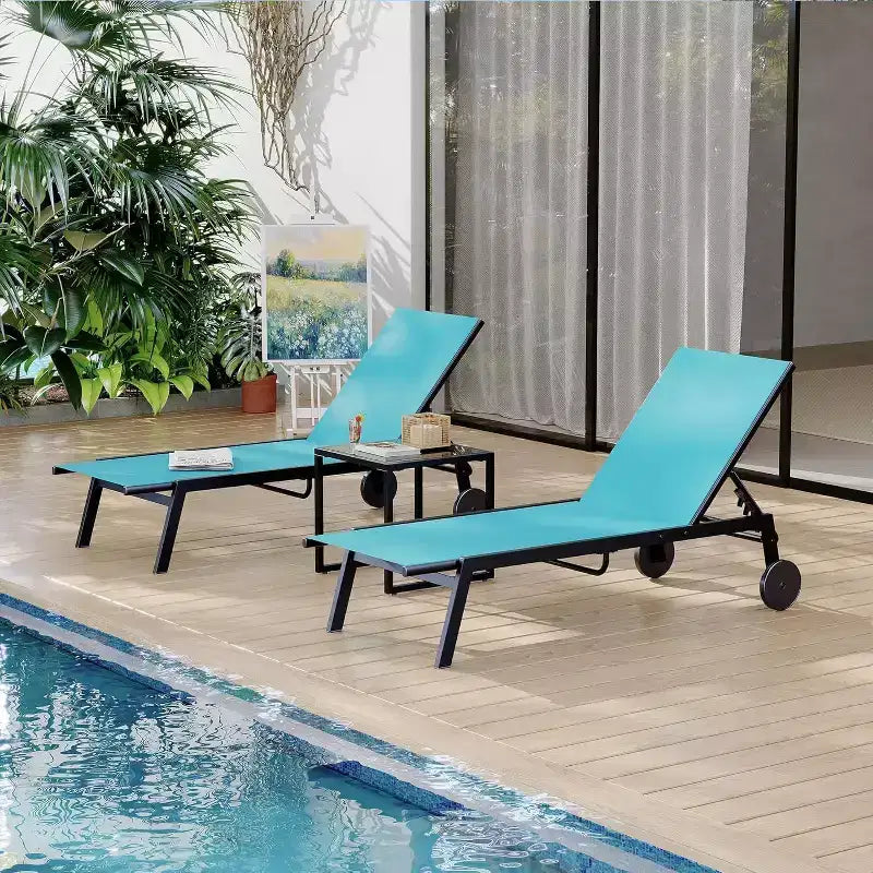 2 Patio Chaise Lounge Chairs with Side Table, Outdoor Sun Lounger Set with 5-Position Reclining Backrest & Wheels, Poolside Furniture