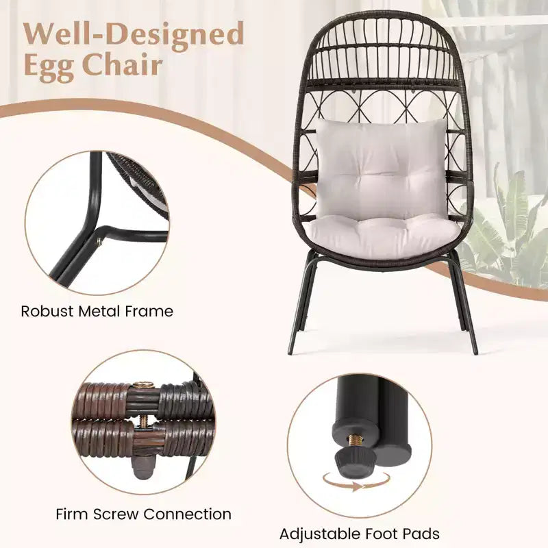 Costway Fauteuil œuf en rotin en osier avec coussins d'assise et de dossier en métal pour intérieur et extérieur