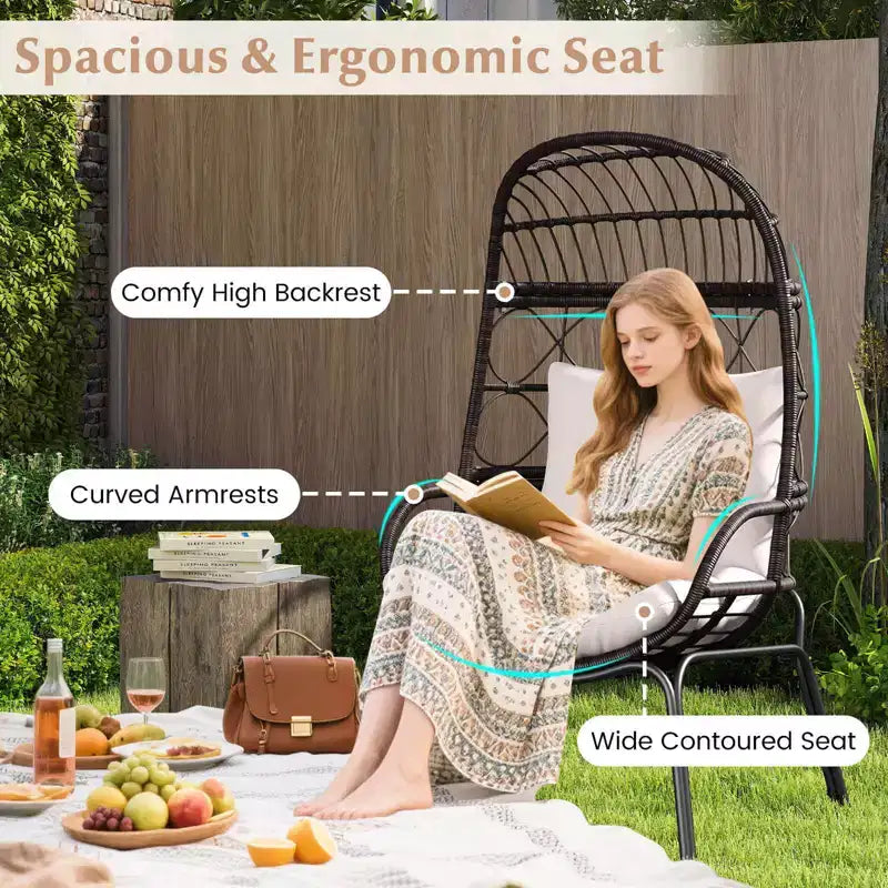 Costway Fauteuil œuf en rotin en osier avec coussins d'assise et de dossier en métal pour intérieur et extérieur