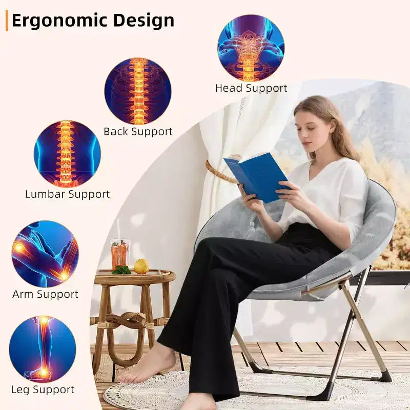 Fauteuils soucoupes confortables, chaise longue pliante pour la lecture, chaise de salon avec assise rembourrée épaisse et douce et cadre en métal, pour enfants et adultes