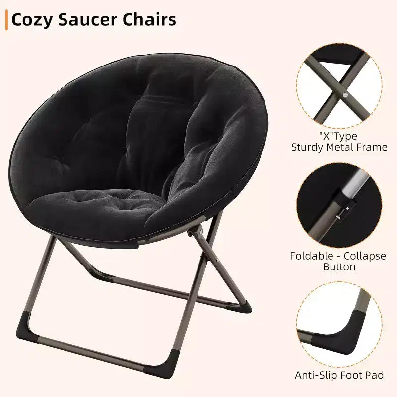 Fauteuils soucoupes confortables, chaise longue pliante pour la lecture, chaise de salon avec assise rembourrée épaisse et douce et cadre en métal, pour enfants et adultes