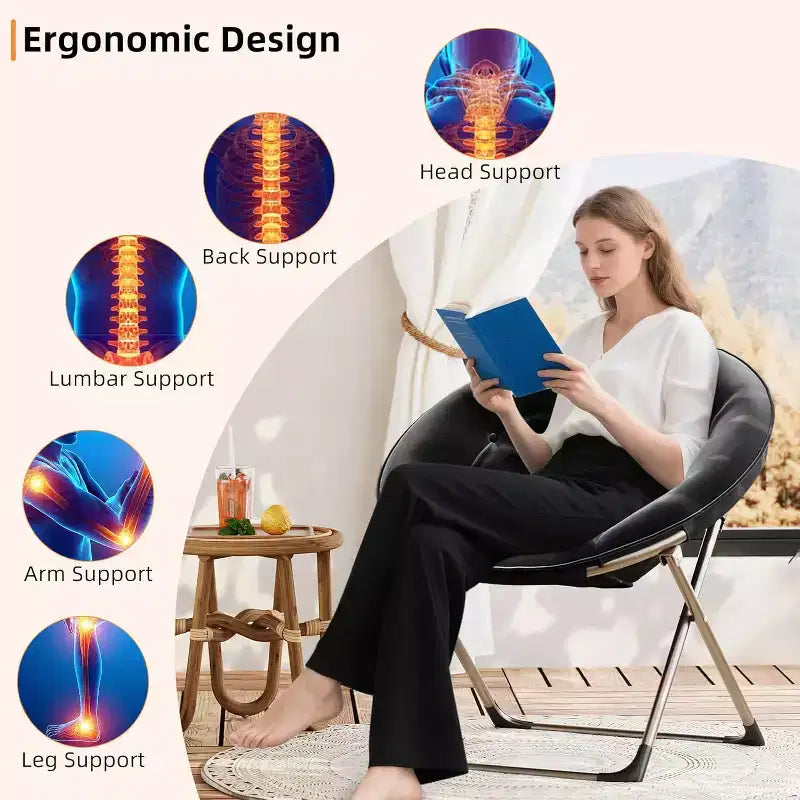 Fauteuils soucoupes confortables, chaise longue pliante pour la lecture, chaise de salon avec assise rembourrée épaisse et douce et cadre en métal, pour enfants et adultes