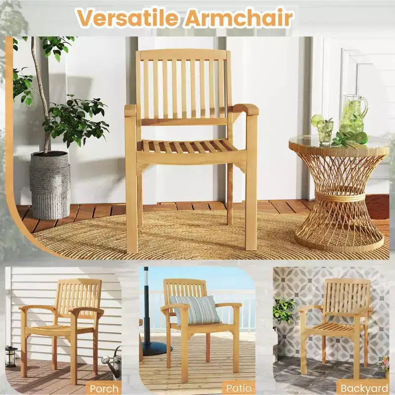 Costway Fauteuil de jardin en teck 1/2/4 pièces avec assise à lattes et assise incurvée