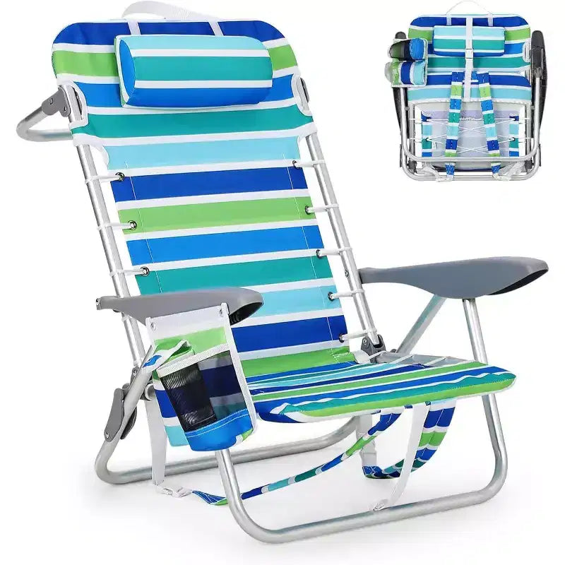 Acekool Backpack Beach Chair Set of 2, 5 Position Lay Flat Folding Chairs with Straps, Cup Holder & Towel Bar, Portable for Adults