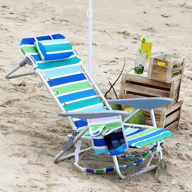 Acekool Lot de 2 chaises de plage pliantes à dossier réglable en 5 positions, avec sangles, porte-gobelet et barre porte-serviette, portables pour adultes