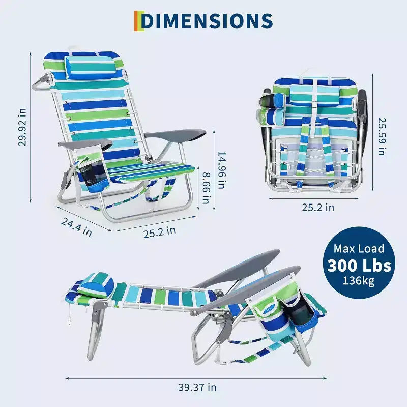Acekool Lot de 2 chaises de plage pliantes à dossier réglable en 5 positions, avec sangles, porte-gobelet et barre porte-serviette, portables pour adultes