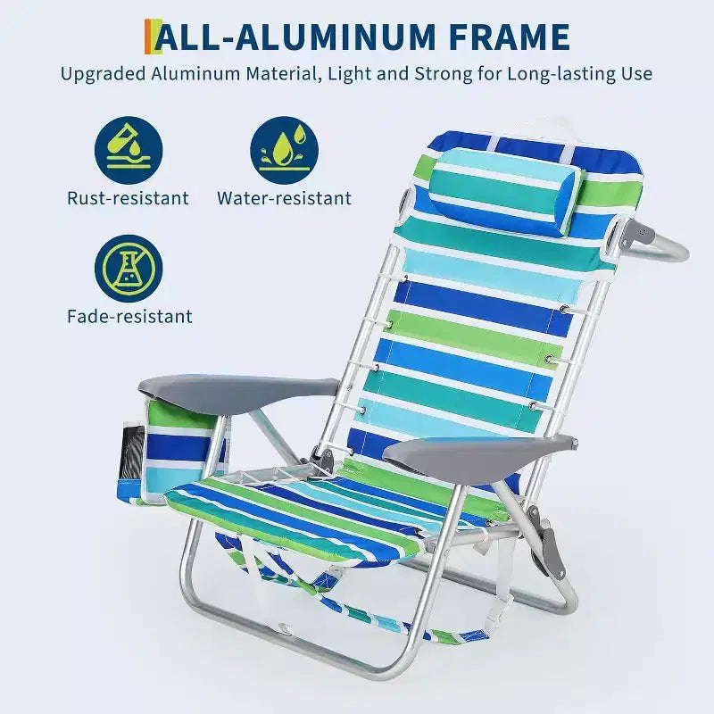 Acekool Lot de 2 chaises de plage pliantes à dossier réglable en 5 positions, avec sangles, porte-gobelet et barre porte-serviette, portables pour adultes