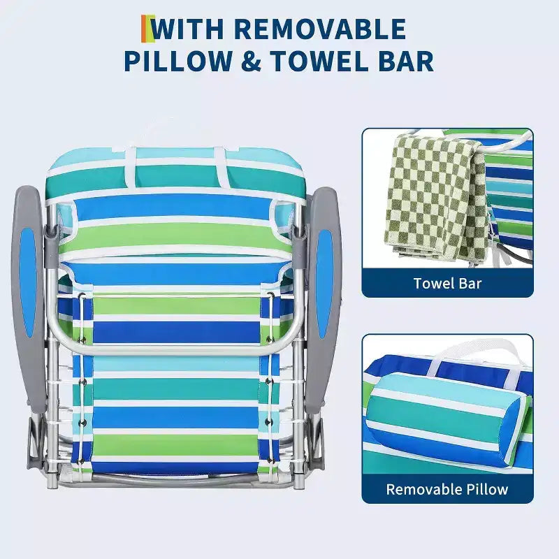 Acekool Lot de 2 chaises de plage pliantes à dossier réglable en 5 positions, avec sangles, porte-gobelet et barre porte-serviette, portables pour adultes