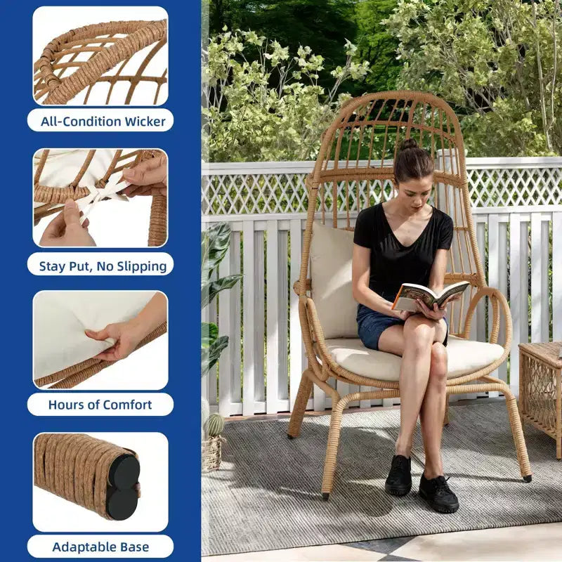 Fauteuil œuf de jardin en osier avec dossier haut et coussin pour l'intérieur et l'extérieur