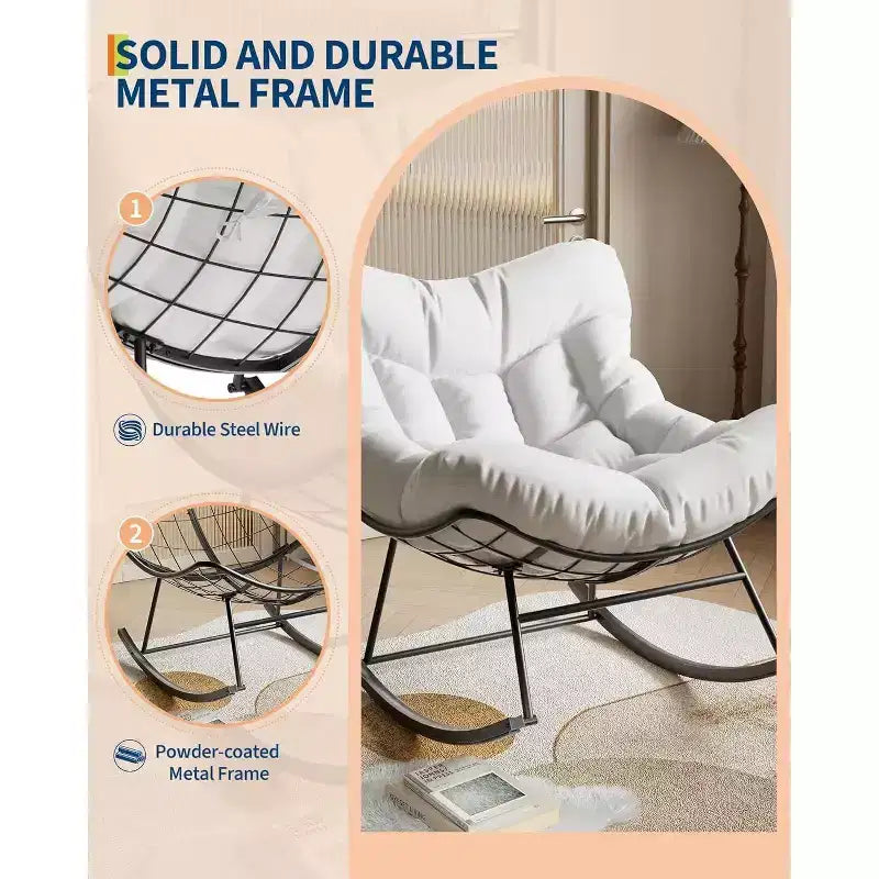 Fauteuil à bascule d'extérieur Acekool Papasan, rocking chair œuf surdimensionné avec cadre en métal, fauteuil de patio en rotin