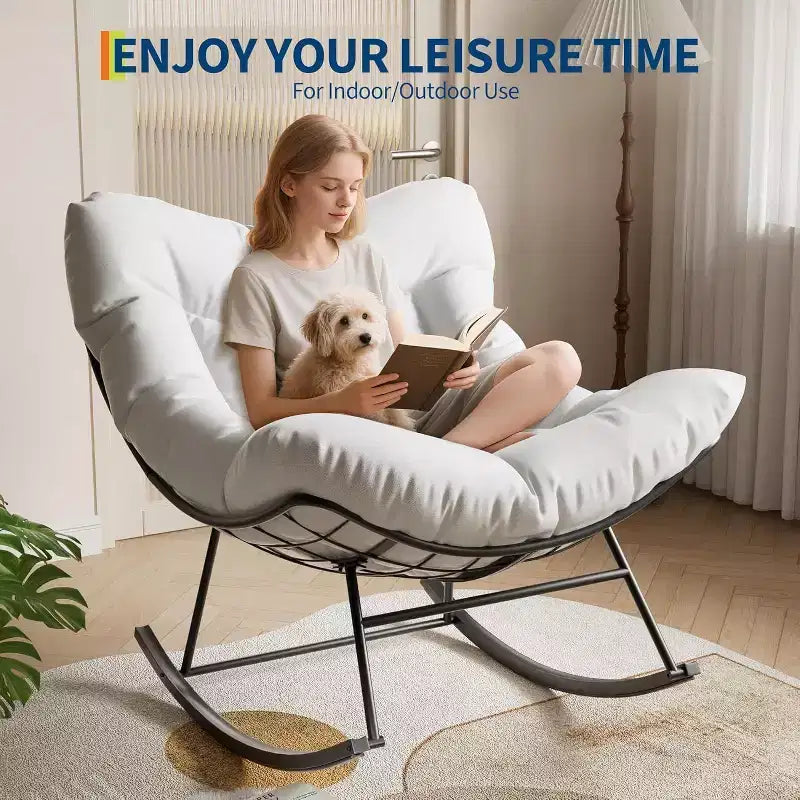 Fauteuil à bascule d'extérieur Acekool Papasan, rocking chair œuf surdimensionné avec cadre en métal, fauteuil de patio en rotin