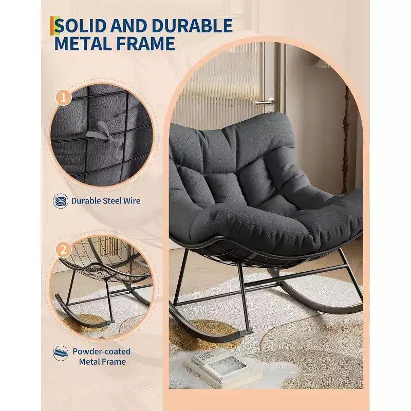 Fauteuil à bascule d'extérieur Acekool Papasan, rocking chair œuf surdimensionné avec cadre en métal, fauteuil de patio en rotin