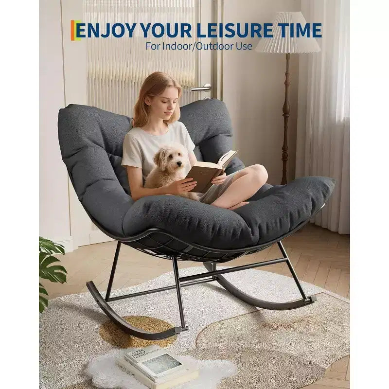 Fauteuil à bascule d'extérieur Acekool Papasan, rocking chair œuf surdimensionné avec cadre en métal, fauteuil de patio en rotin